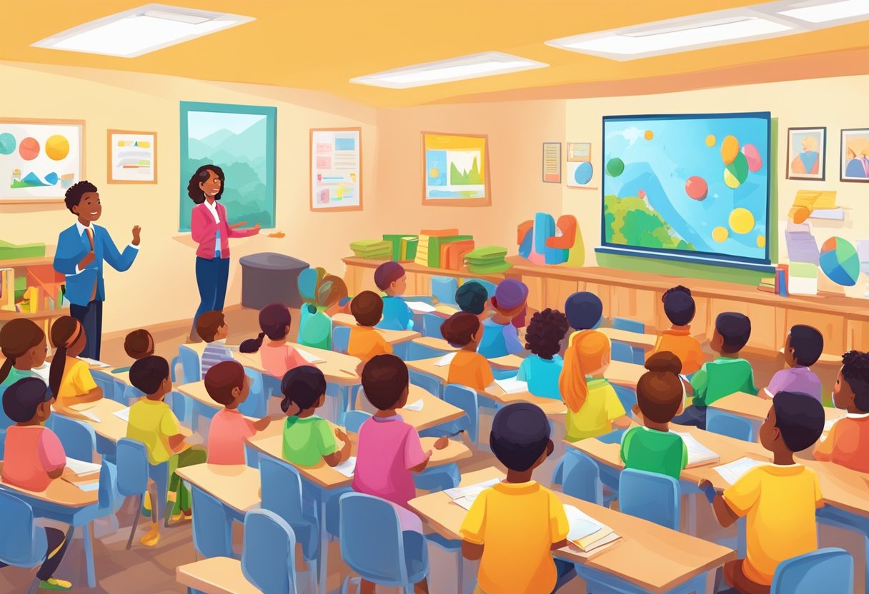 Fun Tips for Interactive Public Speaking and Presentation Resources public speaking,presentation LearningMole A colorful and vibrant classroom setting with children eagerly participating in interactive public speaking and presentation activities