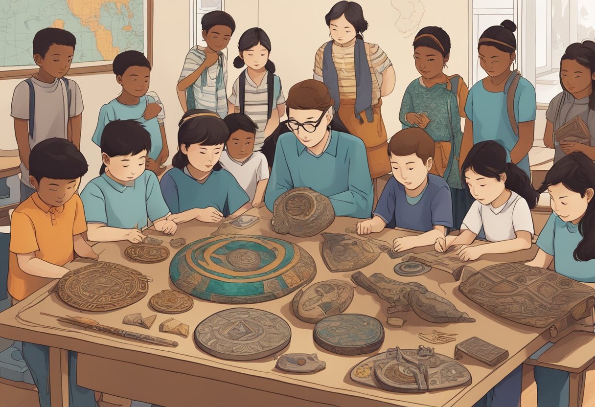 Teaching Ancient History: Top 10 Classroom Fun Activities Ancient History,classroom LearningMole A group of ancient artifacts and symbols from various cultures displayed on a table, surrounded by curious students and a teacher
