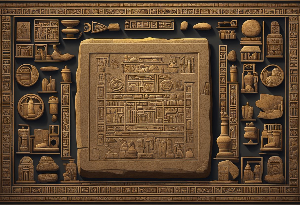 Assessment and Progress Tracking in Ancient History: A Friendly Guide Ancient History,civilisation LearningMole A stone tablet with hieroglyphics, surrounded by ancient artifacts and maps, under the glow of torchlight in a dimly lit chamber