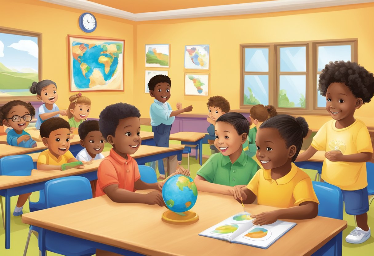 New Real-Life Applications of ESL in Primary Education: Engaging Activities ESL in Primary Education,ESL LearningMole A diverse group of young children engage in interactive language activities, using visual aids and props to learn English as a second language in a vibrant classroom setting