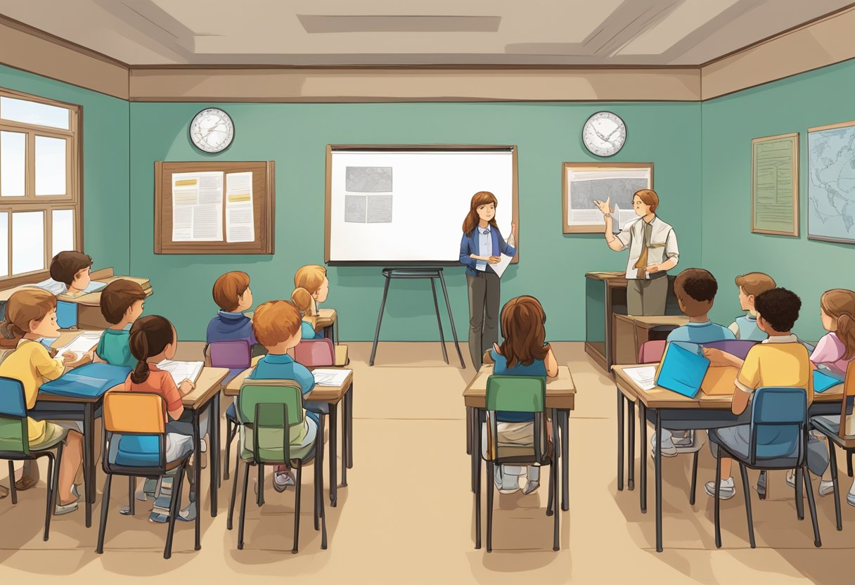 Real-Life Applications of Modern History in Primary Education: Everyday Connections to the Past Modern History in Primary Education,history LearningMole A classroom setting with young students engaged in a discussion about modern history, with visual aids and educational materials displayed around the room