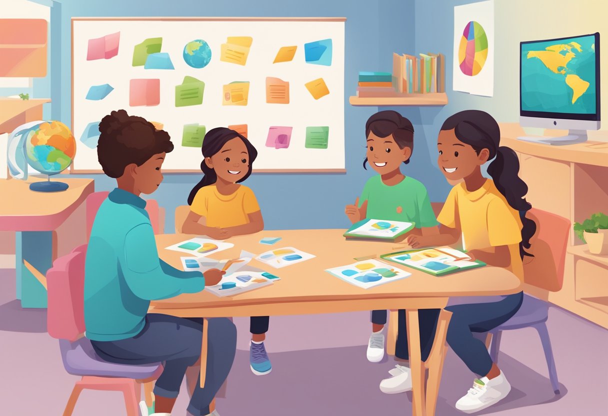 A group of young learners interact with colorful, interactive ESL resources, including flashcards, games, and digital activities