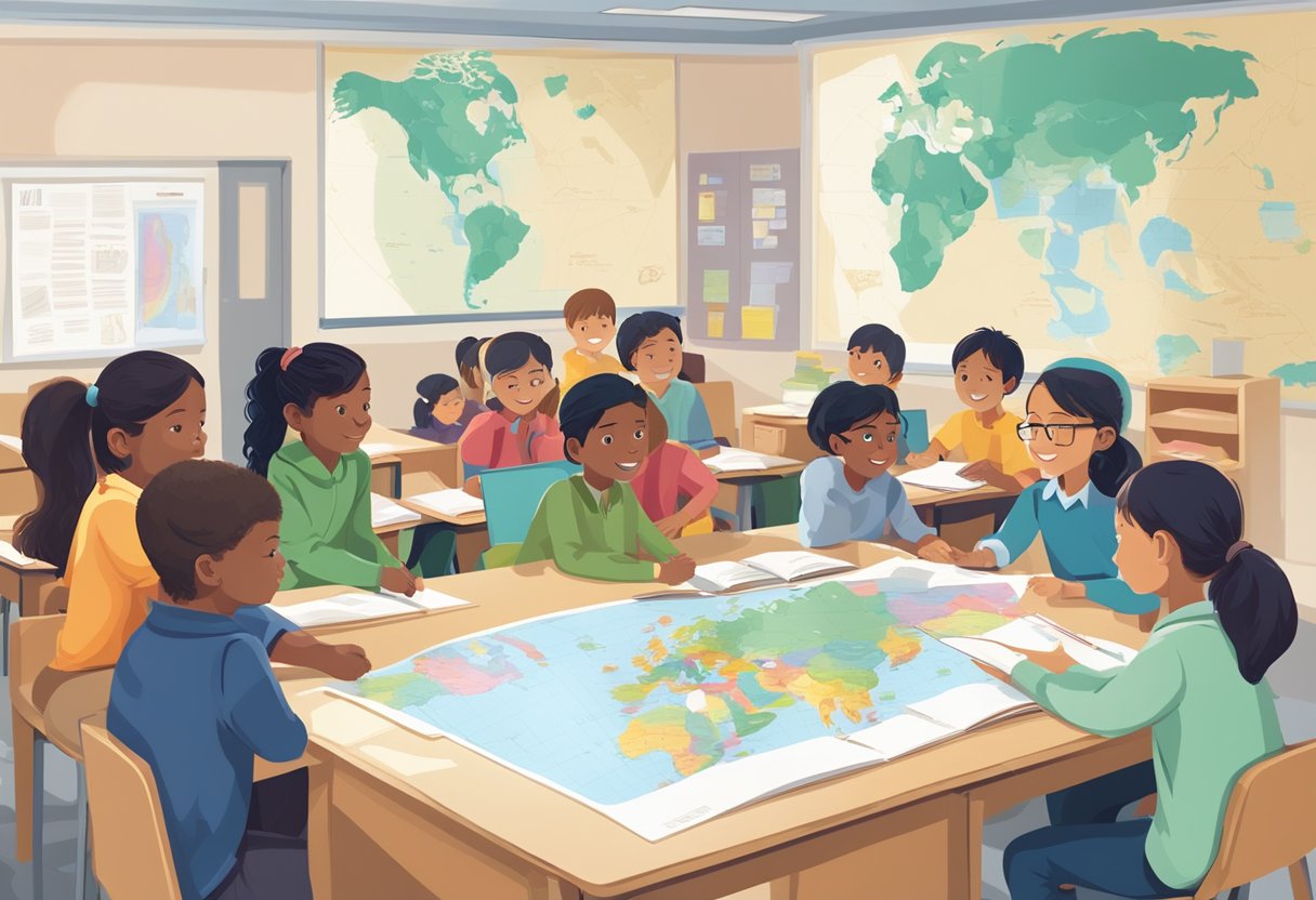 Geography Education: A classroom with a world map on the wall, students engaged in hands-on geography activities, and a teacher leading a discussion on new teaching methods