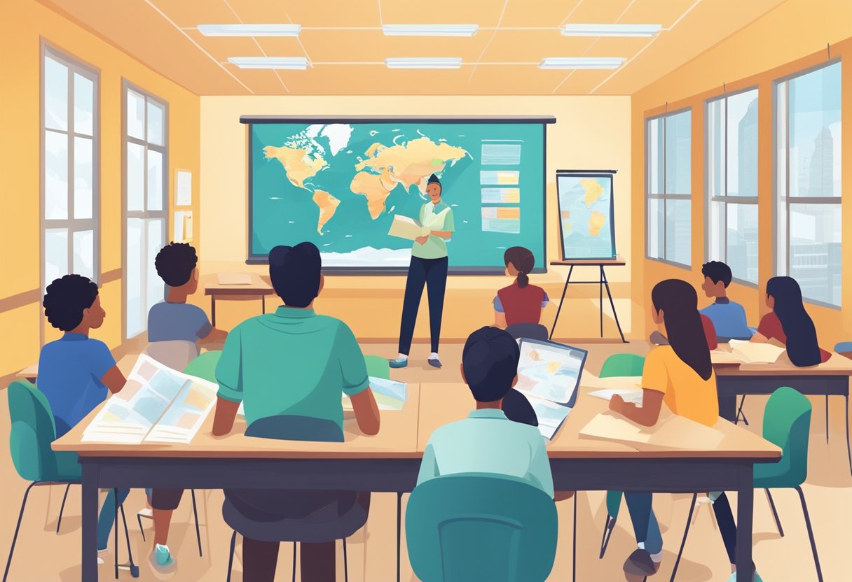 Geography Education: A classroom with a world map on the wall, students engaged in group discussions, and a teacher leading a lesson on geography trends