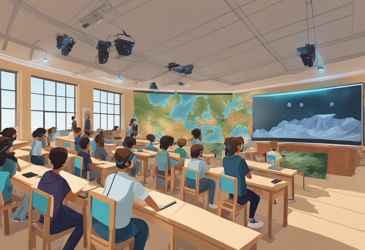 Exploring New Trends in Ancient History Education: Fresh Approaches for Modern Classrooms Ancient history LearningMole Ancient History Education: A classroom filled with students wearing VR headsets, exploring ancient history through interactive AR displays projected around the room