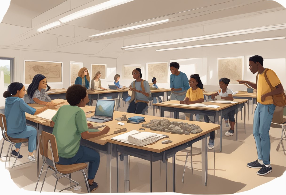 Exploring New Trends in Ancient History Education: Fresh Approaches for Modern Classrooms Ancient history LearningMole A group of diverse students engage in hands-on activities and discussions, surrounded by ancient artifacts and visual aids in a modern classroom setting