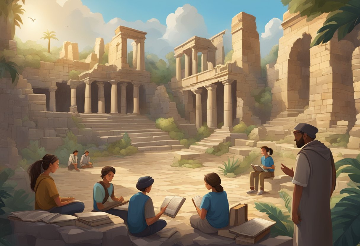 Exploring New Trends in Ancient History Education: Fresh Approaches for Modern Classrooms Ancient history LearningMole An ancient civilization's ruins surrounded by books, maps, and artifacts, with a group of students and a teacher discussing new trends in history education