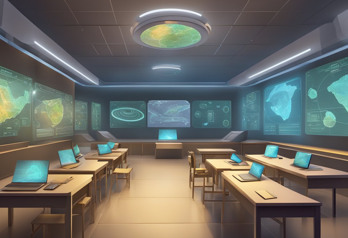 Exploring New Trends in Ancient History Education: Fresh Approaches for Modern Classrooms Ancient history LearningMole A futuristic classroom with holographic displays of ancient artifacts and interactive digital maps