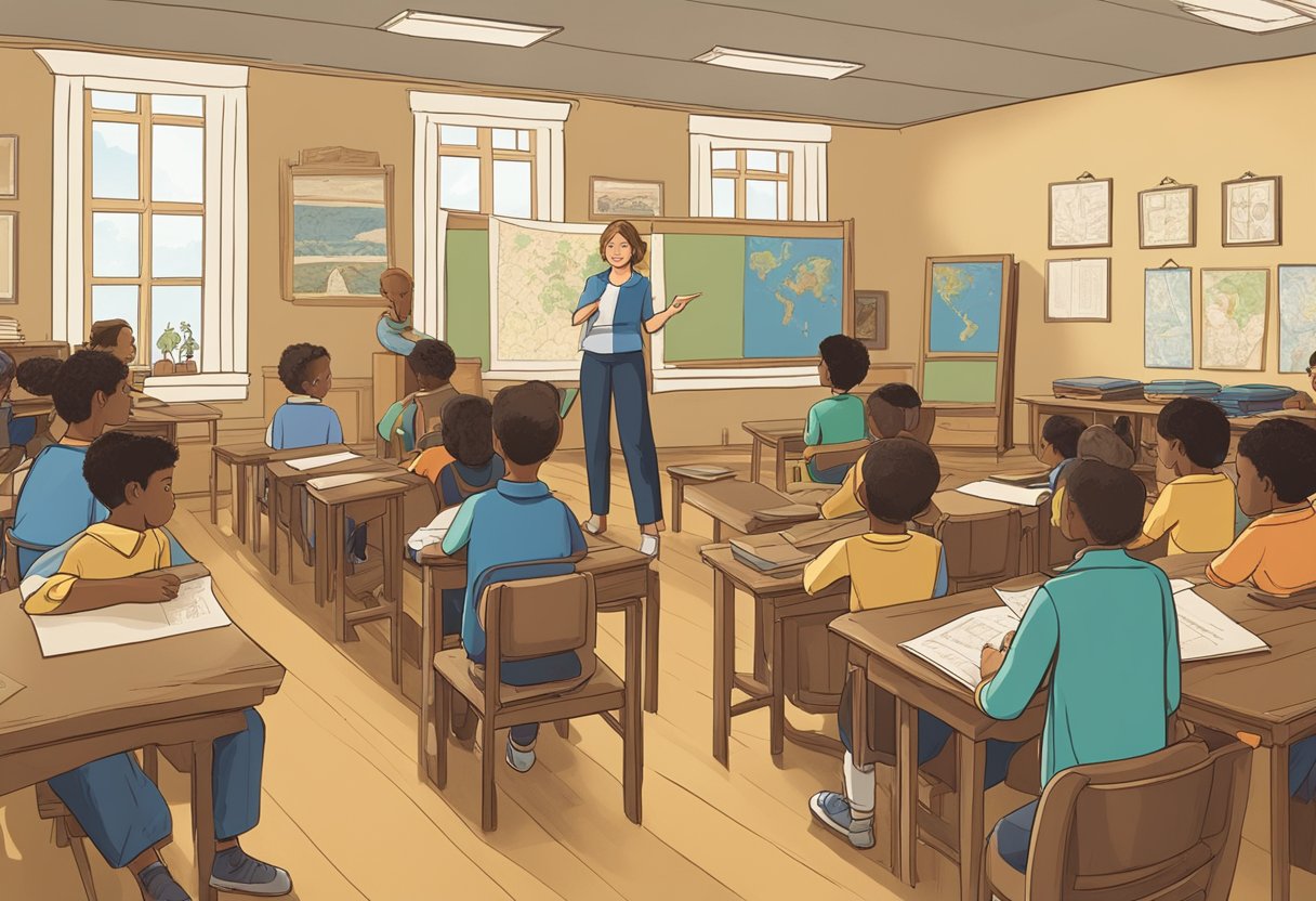 Ancient History Projects in Schools: Successful Case Studies Ancient History,Ancient Egypt,History LearningMole Ancient History Projects: A classroom filled with students, surrounded by historical artifacts and maps. A teacher stands at the front, engaging the students in an interactive lesson on ancient history