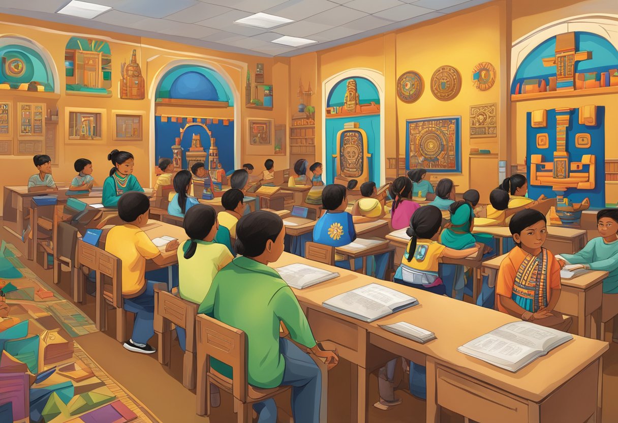 Ancient History Projects in Schools: Successful Case Studies Ancient History,Ancient Egypt,History LearningMole Ancient History Projects: A vibrant illustration of Aztec, Maya, and Inca architecture, symbols, and artifacts displayed in a classroom setting with engaged students and a knowledgeable teacher