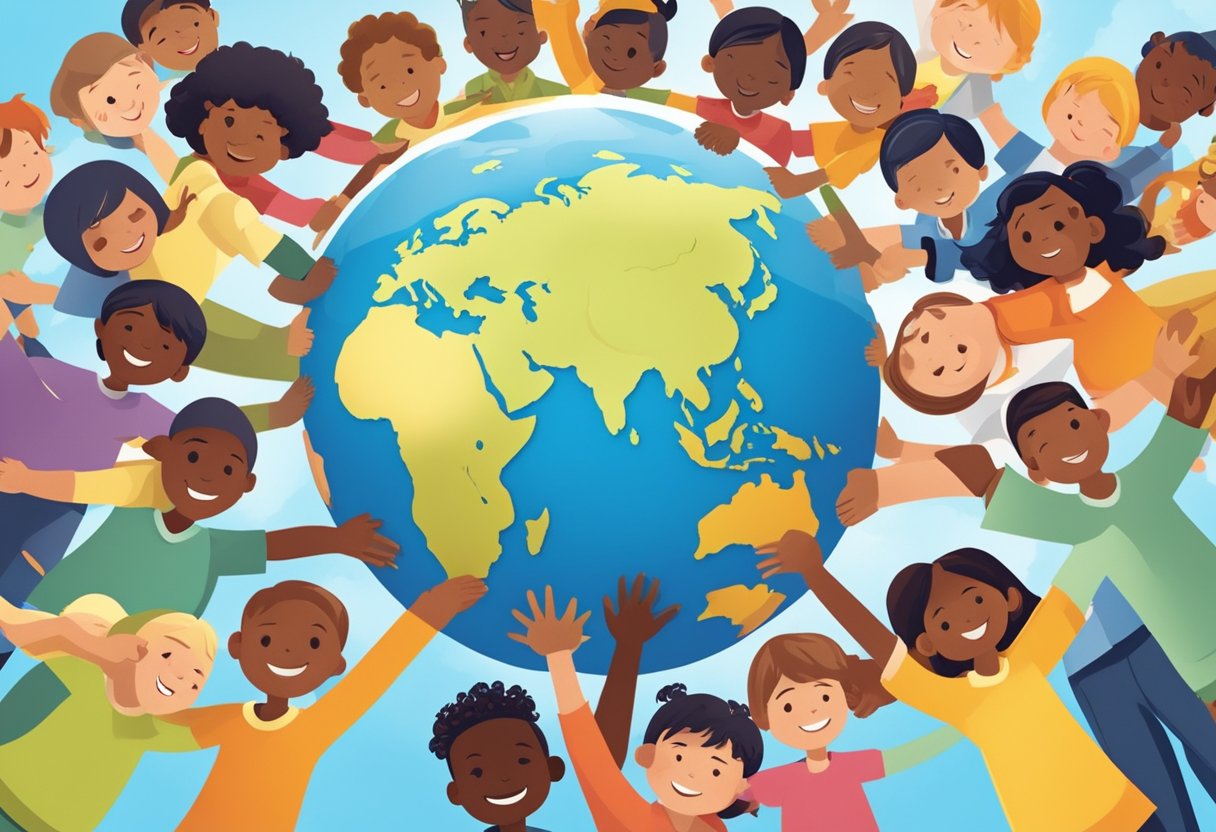 Comprehensive Guide to Modern History for Primary Students Modern History,History LearningMole A diverse group of children of various ethnicities and abilities gathered around a globe, holding hands and smiling, surrounded by symbols of justice and equality