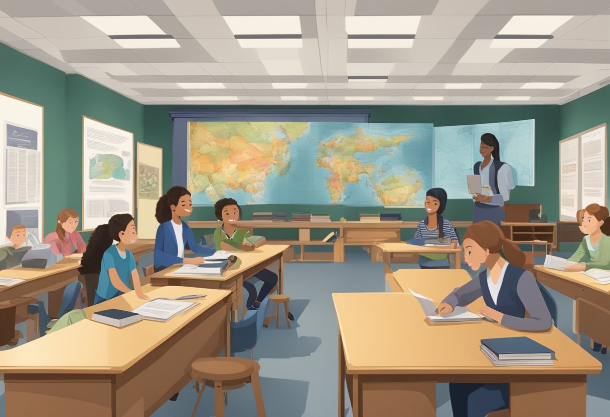 Modern History: A classroom setting with students interacting with historical artifacts and documents, surrounded by digital resources and interactive displays