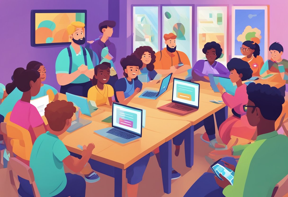 Modern History: A group of young learners eagerly participate in a Kahoot! quiz on modern history, surrounded by colorful and interactive educational resources