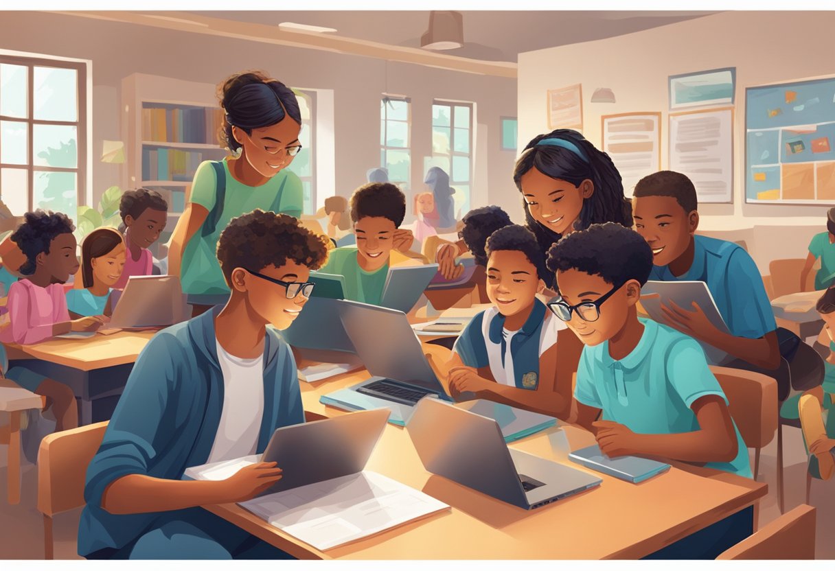 A group of young learners interact with digital devices, exploring modern history resources in a colorful, engaging environment