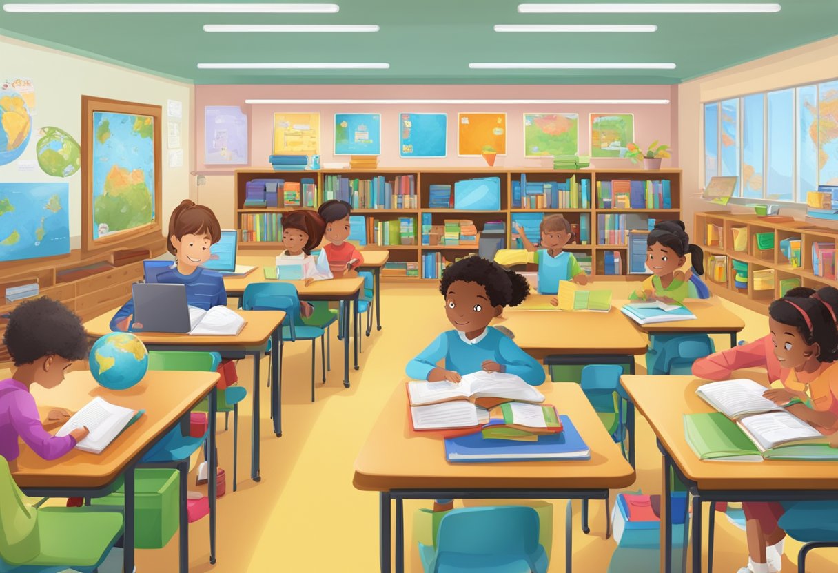 Modern History: A classroom setting with a mix of traditional and digital learning resources, such as textbooks and tablets, surrounded by engaged young learners