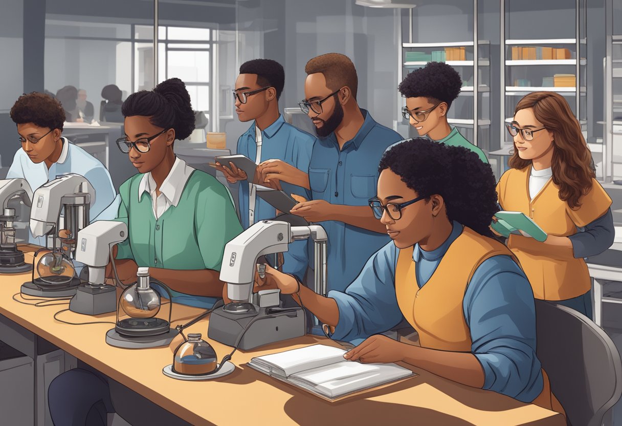 A diverse group of students engaging in hands-on experiments and research projects related to modern history and technology