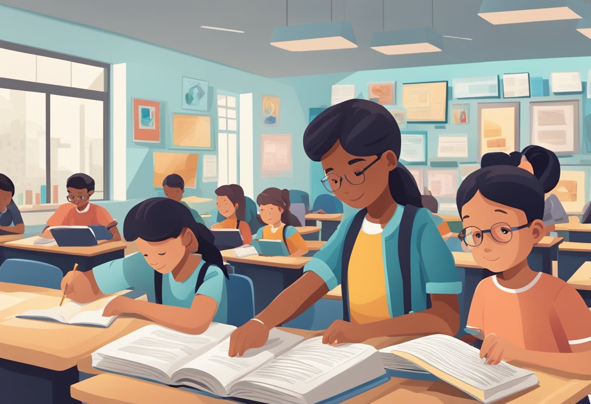 A classroom with students engaged in hands-on activities, surrounded by modern history textbooks and educational technology