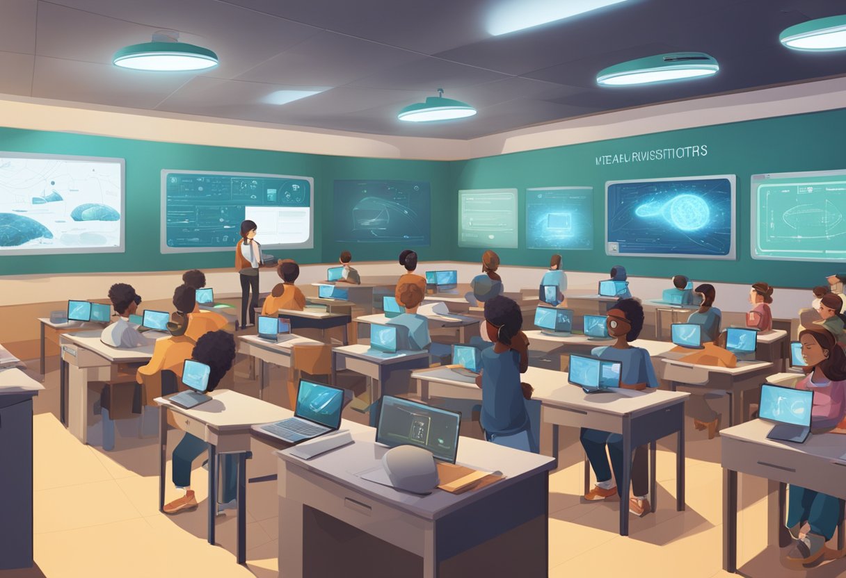A classroom filled with interactive screens, virtual reality headsets, and holographic projectors, showcasing the evolution of modern history education