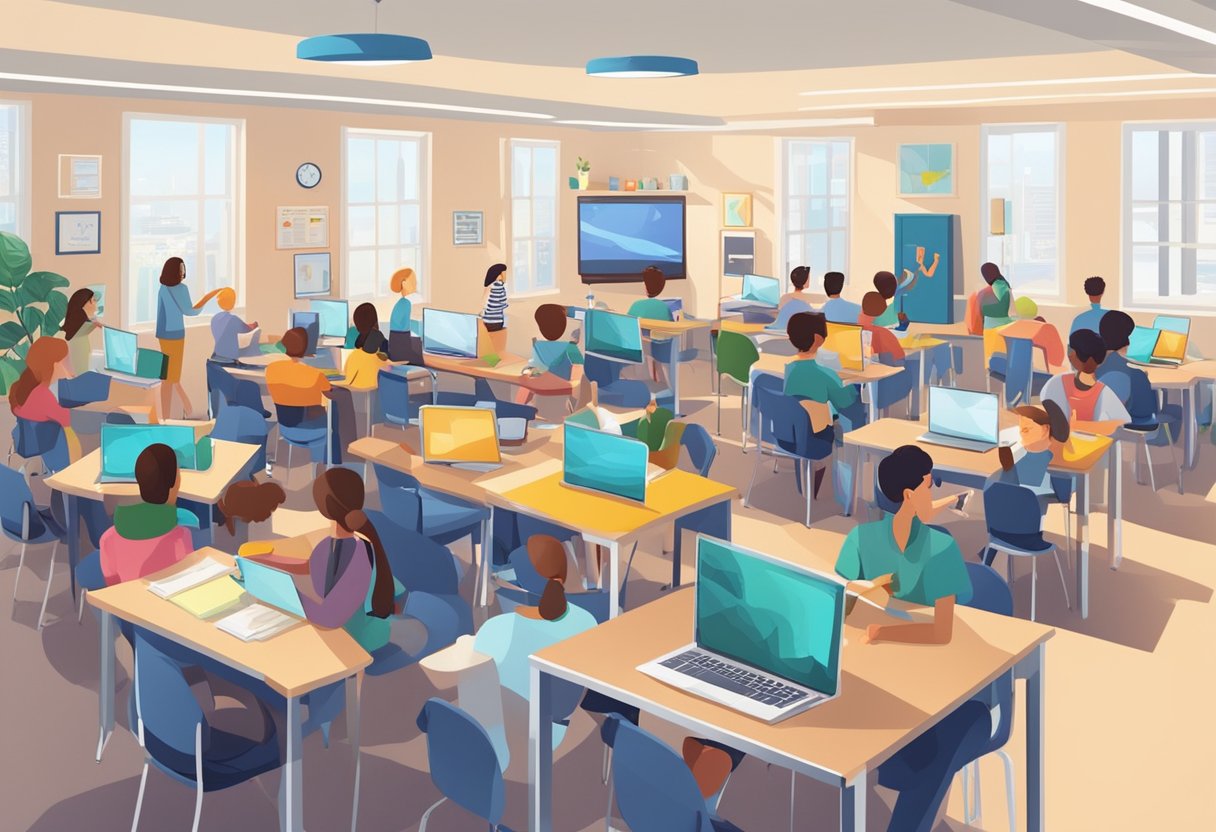 A classroom with students engaged in interactive learning activities, surrounded by modern technology and educational resources