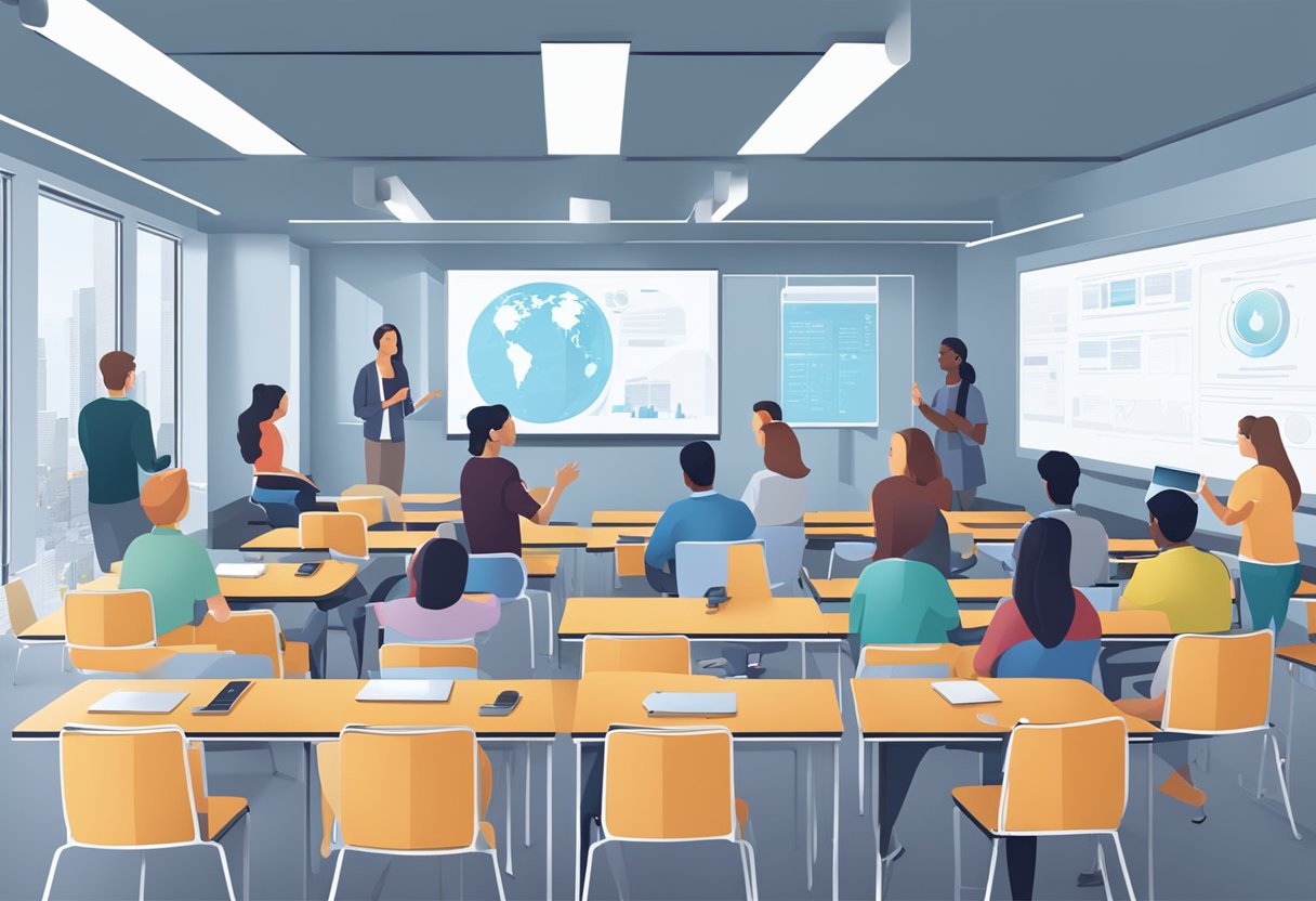 A classroom setting with modern technology, including interactive digital displays and students engaged in group discussions and research