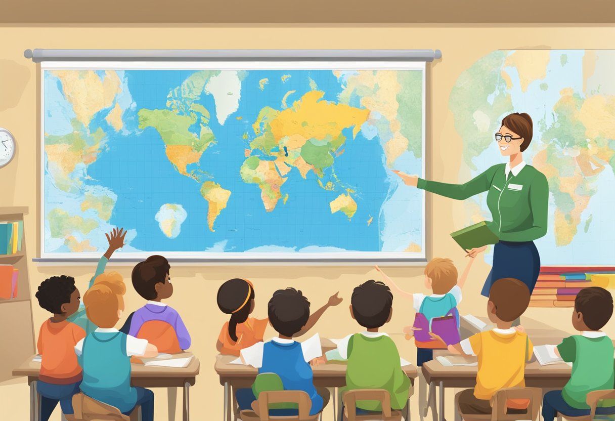 A teacher pointing to a world map while students engage in various geography-related activities in a classroom