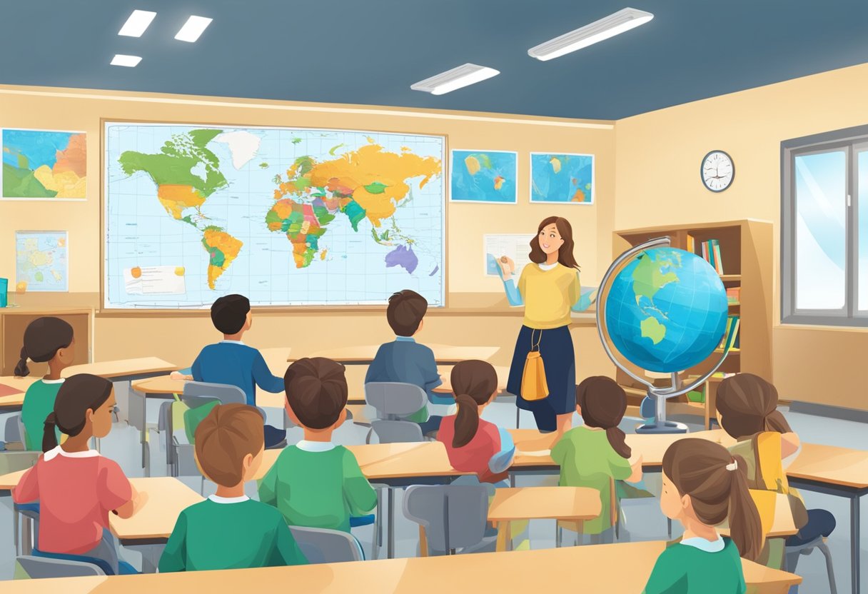 Assessment and Progress Tracking in Geography: Simple Methods Progress Tracking in Geography,geography LearningMole A classroom with maps, globes, and educational materials. A teacher and students engaging in geography-related activities