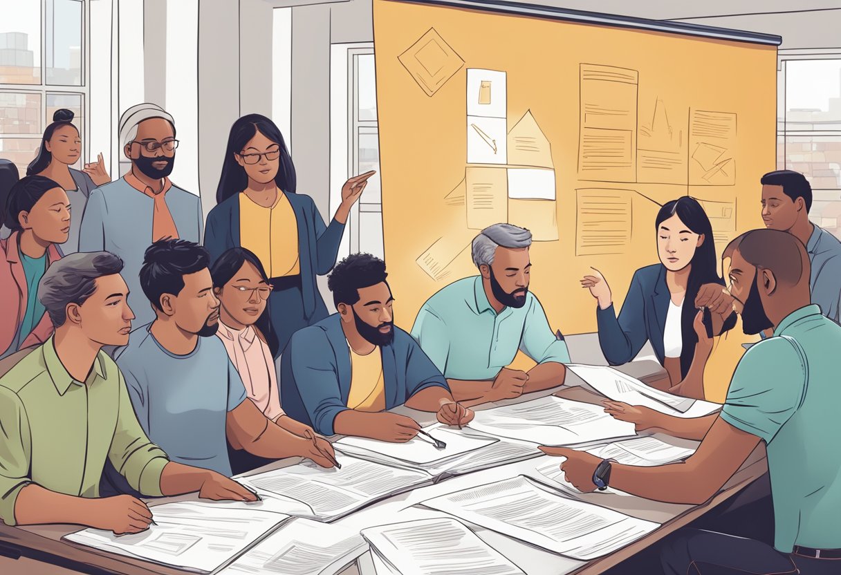 Citizenship: 7 Common Mistakes in Your Journey to Becoming a UK Citizen Citizenship LearningMole A group of diverse people studying a large poster with common citizenship mistakes and solutions, while a knowledgeable figure gestures towards it