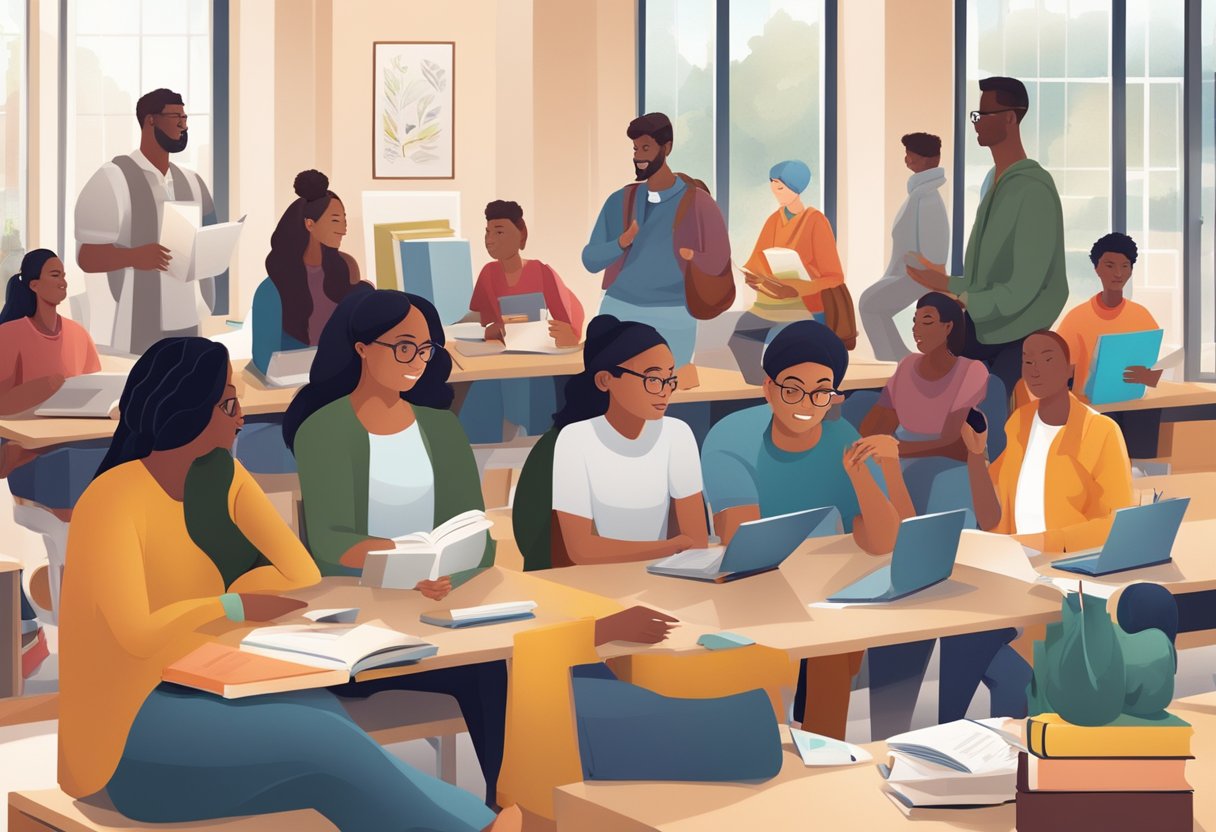 A diverse group of students engage in lively discussions surrounded by books, digital devices, and cultural artifacts in a modern classroom setting