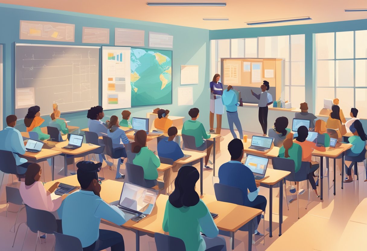 A classroom setting with students engaged in discussions, surrounded by various technological devices and cultural artifacts
