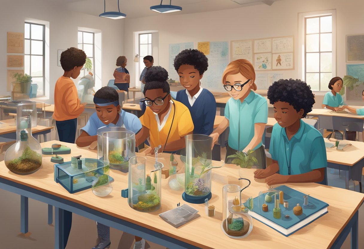 A diverse group of students and teachers engage in hands-on experiments and discussions, surrounded by cultural artifacts and scientific equipment