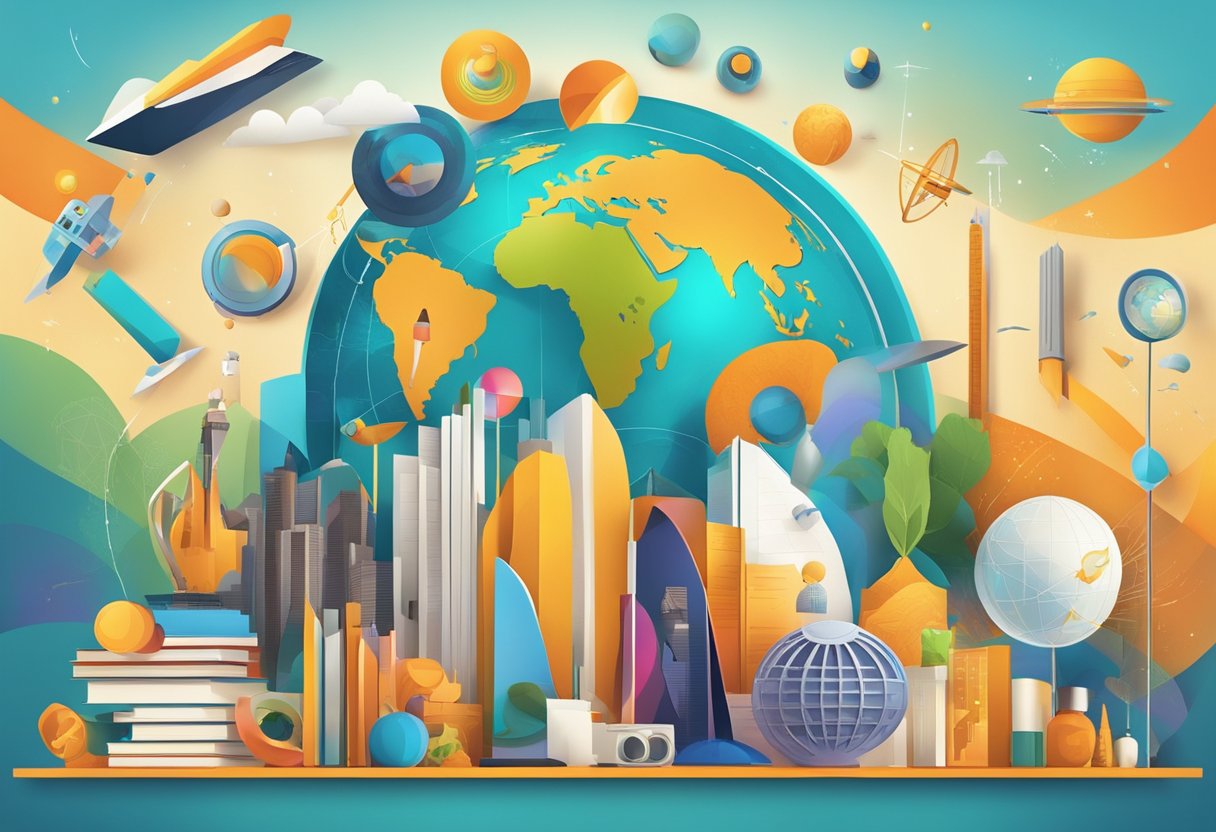 A diverse array of cultural symbols and educational tools arranged on a vibrant, futuristic backdrop, representing the exploration of new trends in cultural studies education