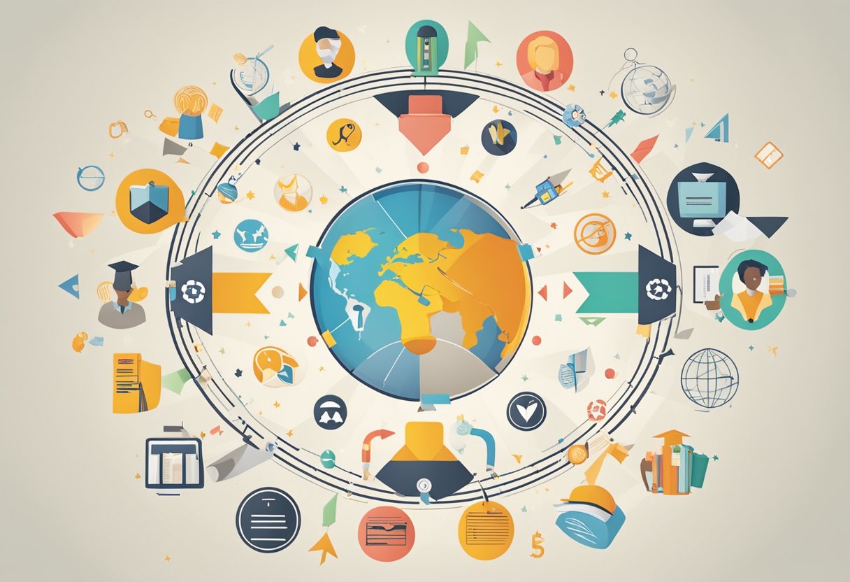 A group of diverse symbols and icons representing education, citizenship, and reform arranged in a circular pattern with arrows pointing towards the center