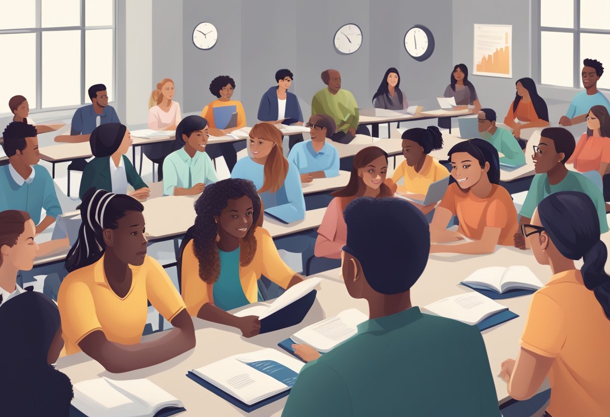 A diverse group of students engaged in discussions and activities related to modern citizenship education in a contemporary classroom setting