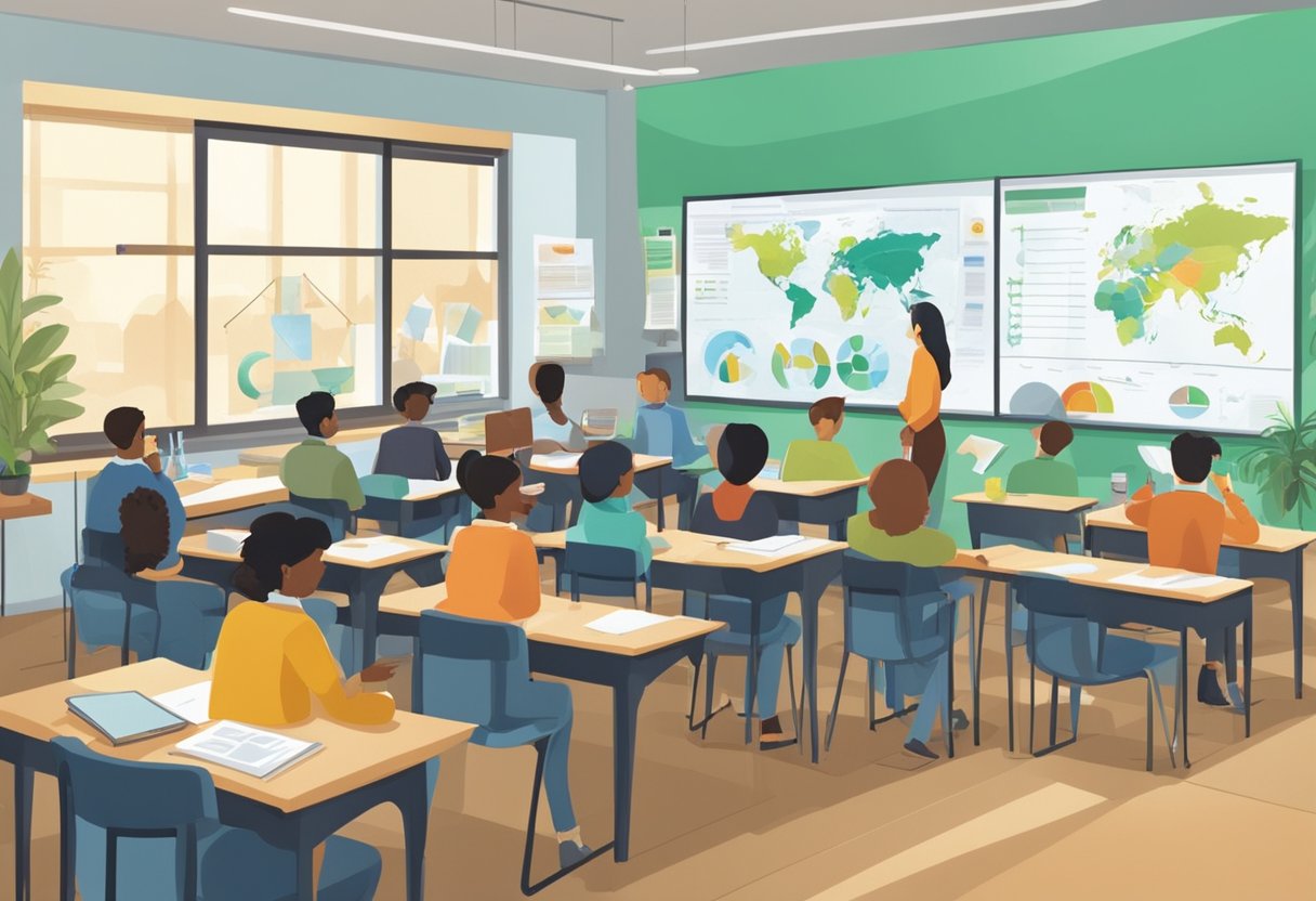 A classroom with students engaged in discussions and activities about economic and environmental issues, with charts and graphs displayed on the walls