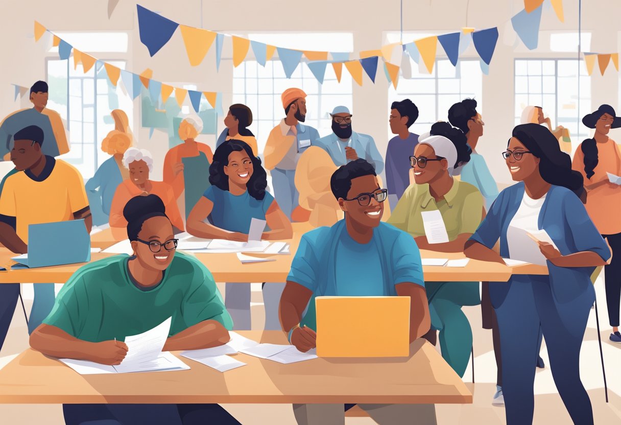 A diverse group of people engaging in discussions, voting, and participating in community events to promote civic participation and explore new trends in citizenship education