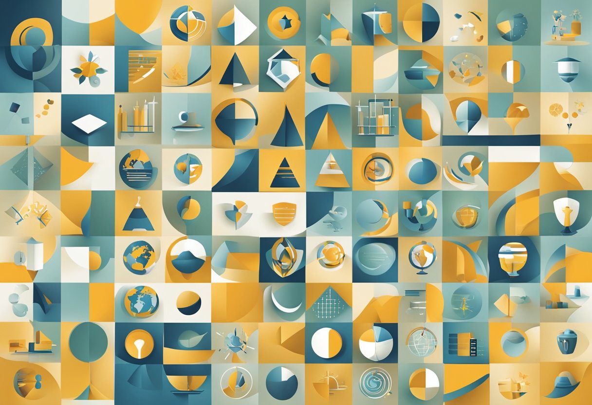 A diverse group of abstract shapes and symbols representing various competences and trends in citizenship education, arranged within a structured framework