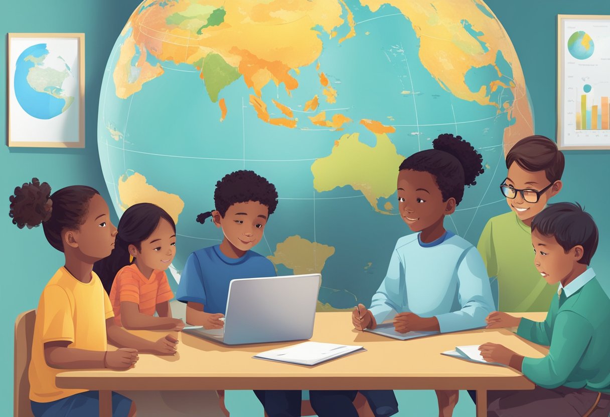 Interactive Global Issues Resources: Engaging Young Minds in World Challenges Global Issues,resources LearningMole A diverse group of children gather around a digital globe, pointing and discussing different global issues and solutions. A world map hangs on the wall behind them