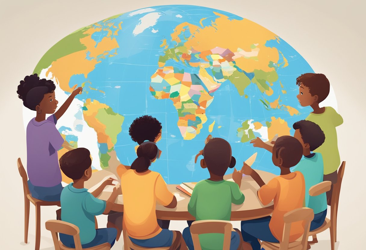 Comprehensive Guide to Global Issues for Primary Students global issues,awareness,Primary students LearningMole A group of diverse children gather around a globe, discussing and pointing to different countries and regions. Maps, books, and educational materials are scattered around the table