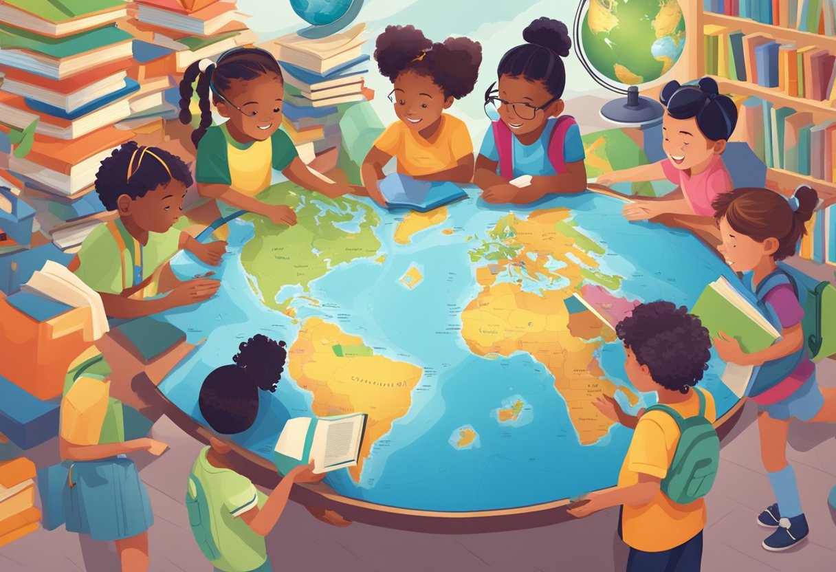 Comprehensive Guide to Global Issues for Primary Students global issues,awareness,Primary students LearningMole A diverse group of children eagerly exploring a colorful world map surrounded by books, globes, and educational materials