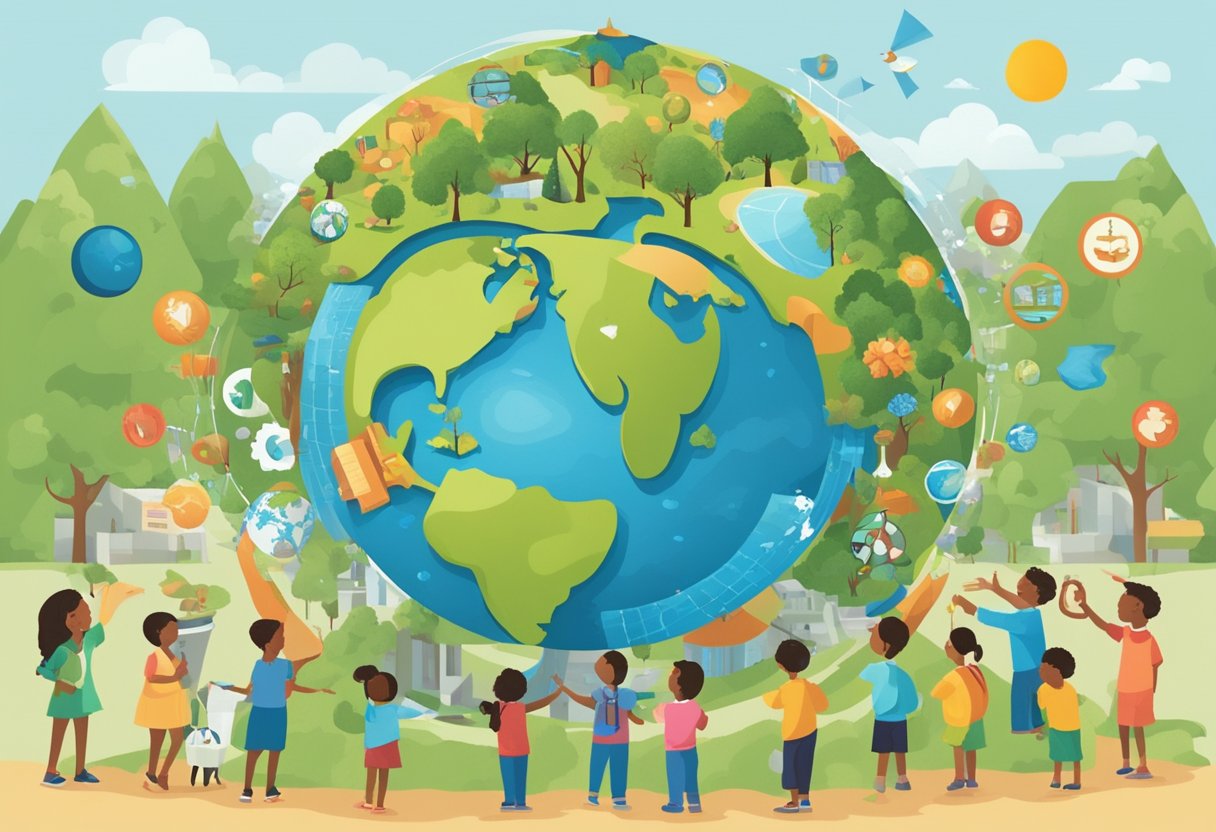 Interactive Global Issues Resources: Engaging Young Minds in World Challenges Global Issues,resources LearningMole A globe surrounded by diverse symbols of global issues, such as a tree, a factory, and a water droplet, with young learners interacting around it