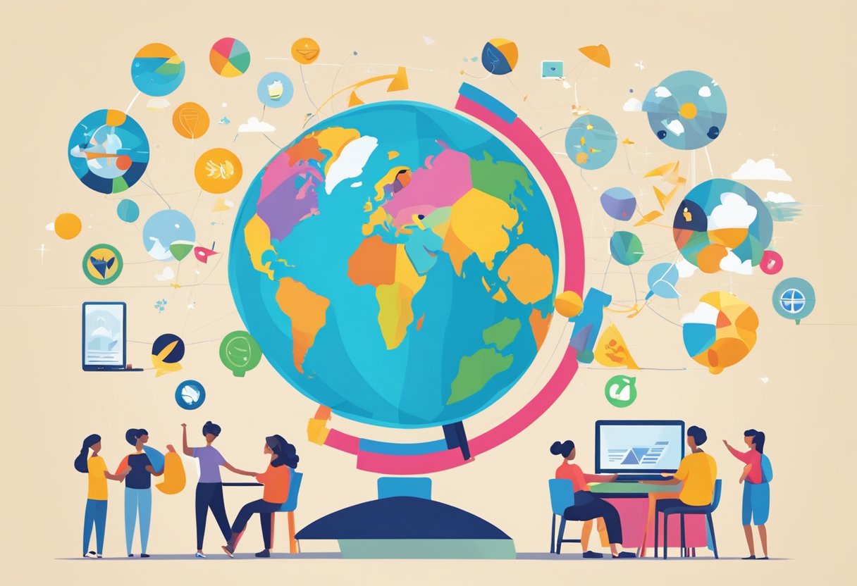Interactive Global Issues Resources: Engaging Young Minds in World Challenges Global Issues,resources LearningMole A globe surrounded by colorful icons representing various global issues, with young learners interacting around it