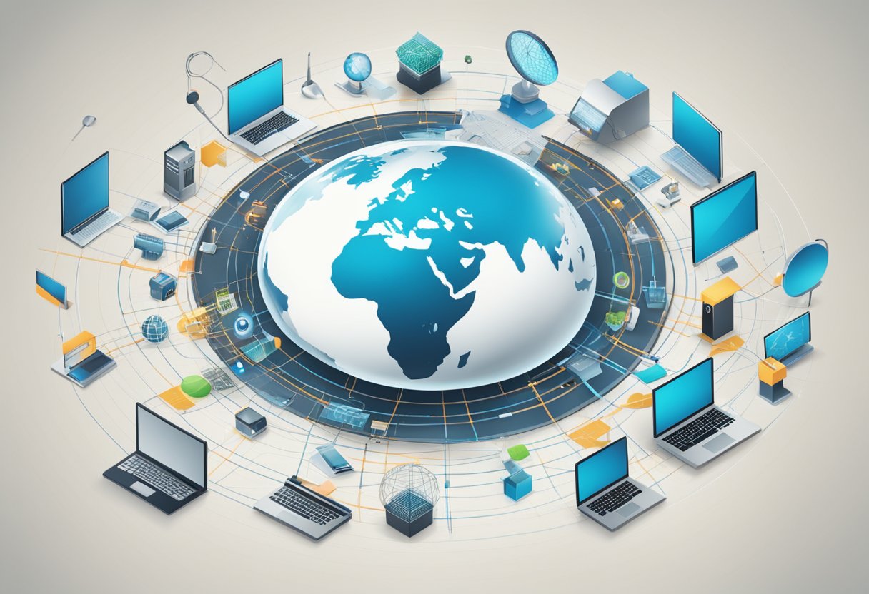 A globe surrounded by various technological devices and symbols, with a network of interconnected lines representing global issues