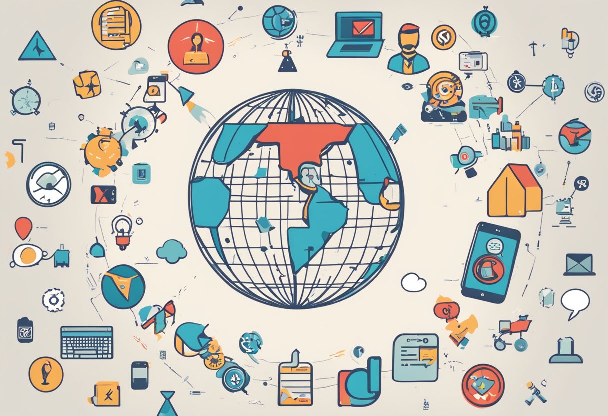 A globe surrounded by various regulatory symbols and social media icons, with a red "X" over common mistakes
