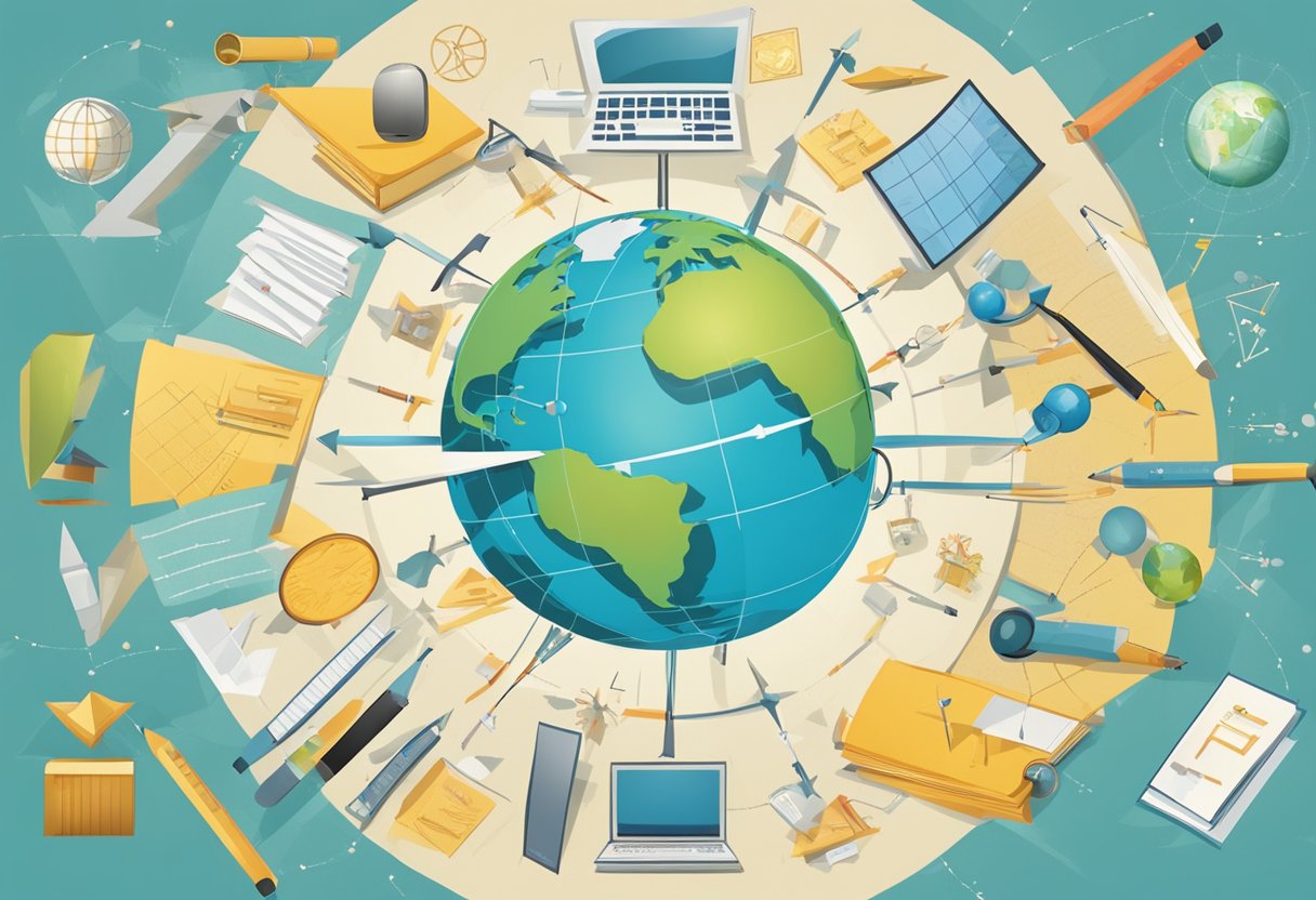 A globe surrounded by various education and training symbols, with caution signs and arrows pointing away from common mistakes