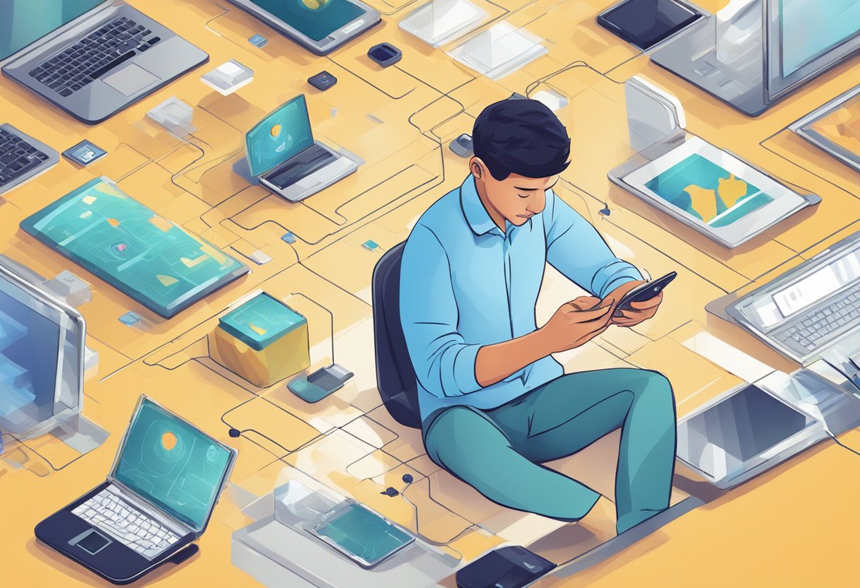 A person using a smartphone to navigate through various global issues and common mistakes, surrounded by everyday technology