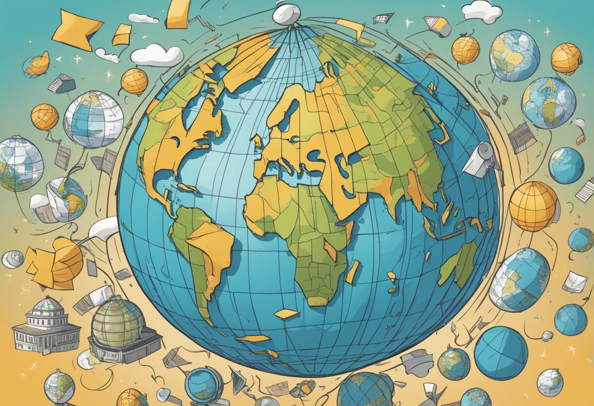 A globe surrounded by question marks, with various global issues depicted around it