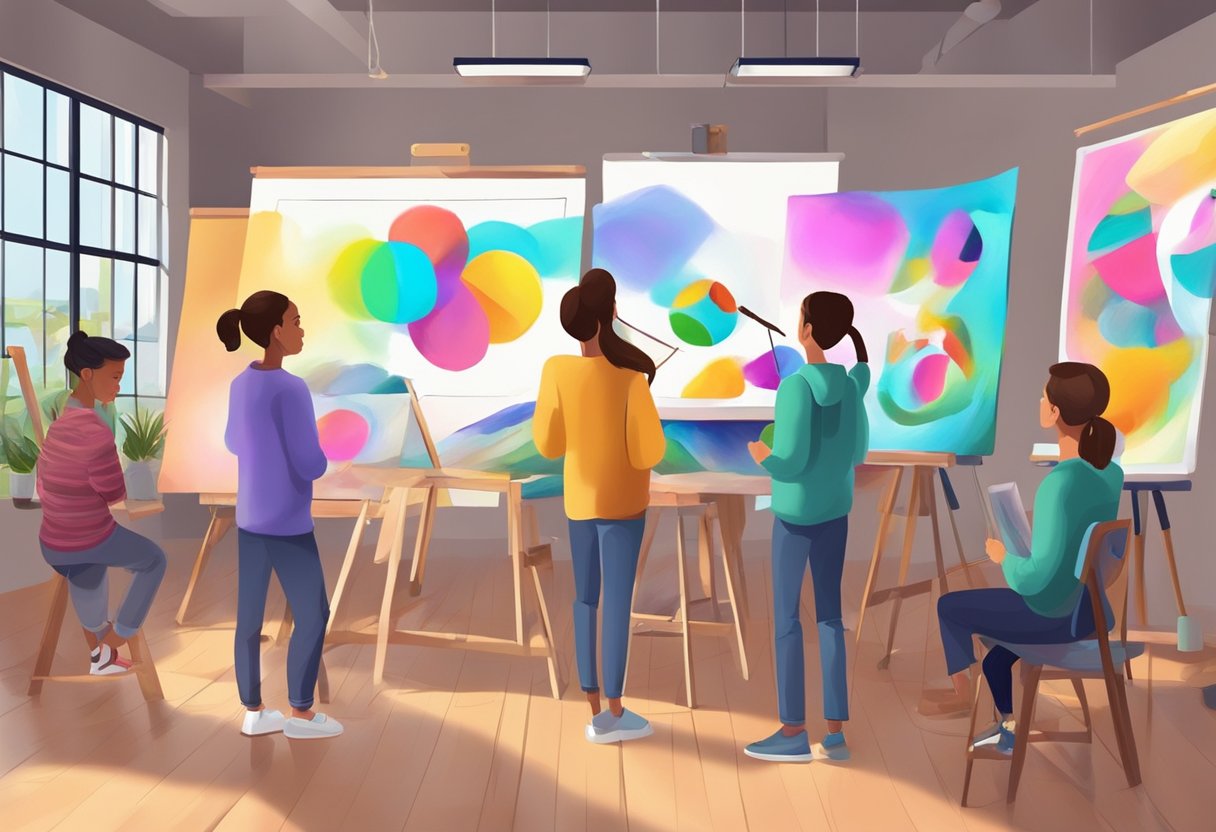A colorful art studio with interactive digital drawing and painting tools, surrounded by enthusiastic young learners exploring contemporary art concepts