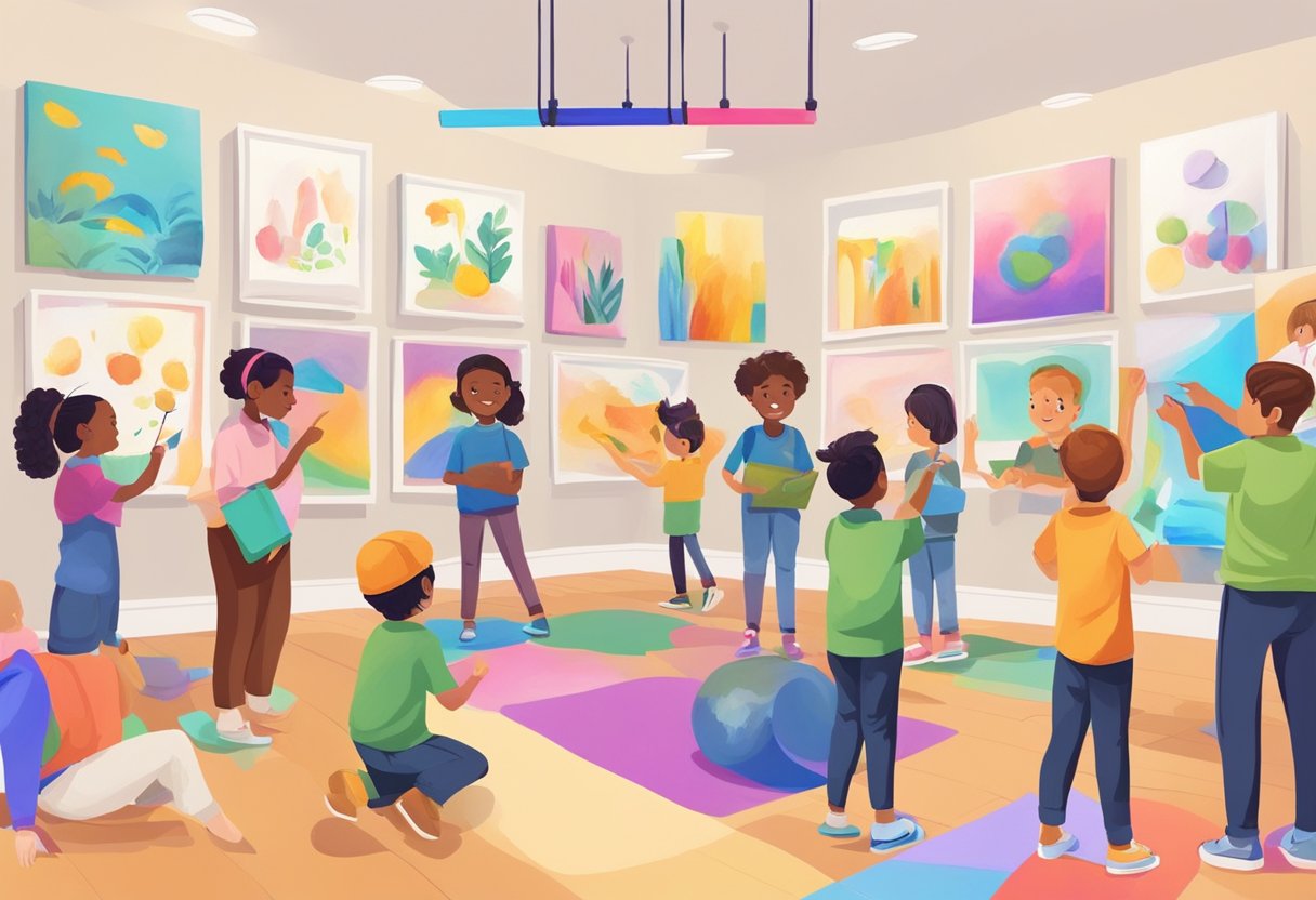 A colorful virtual art gallery with interactive drawing and painting resources, surrounded by young learners engaged in creative activities