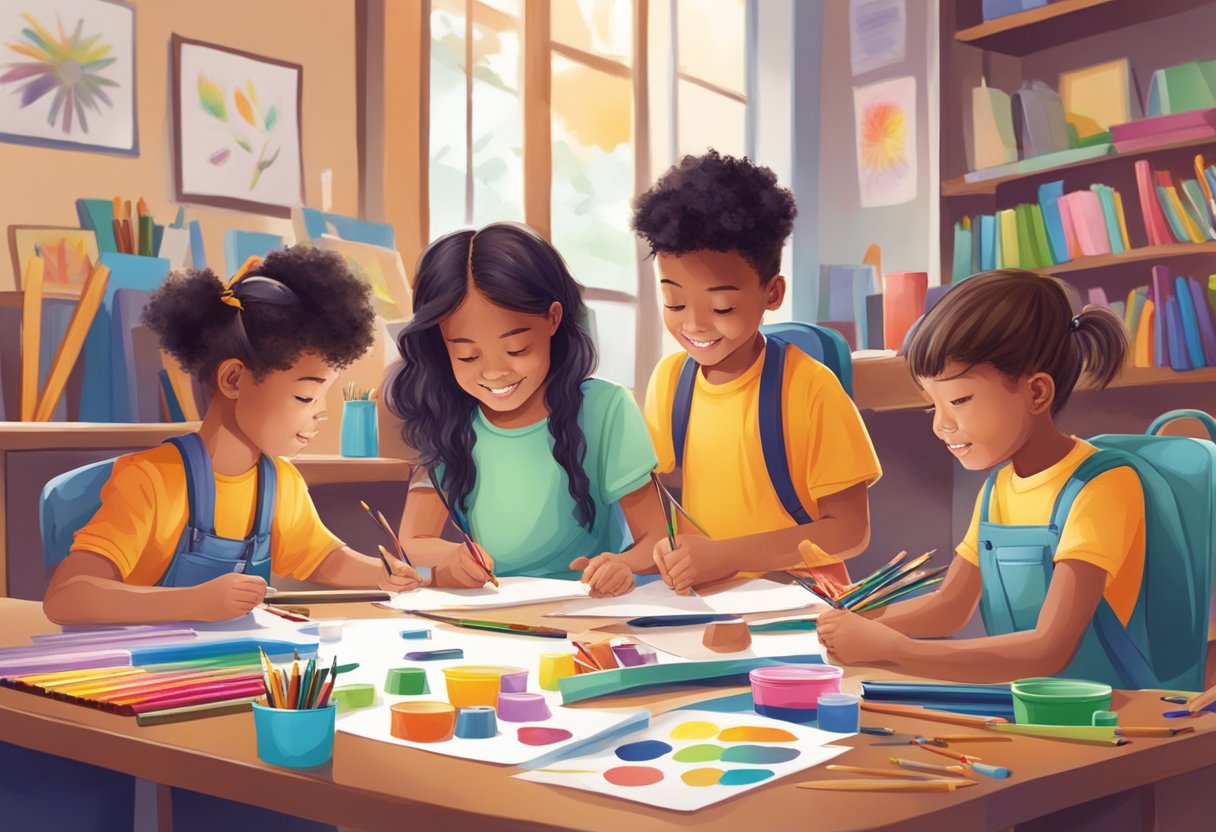 A group of young learners gather around a colorful array of drawing and painting supplies, eagerly sharing and collaborating on their art projects