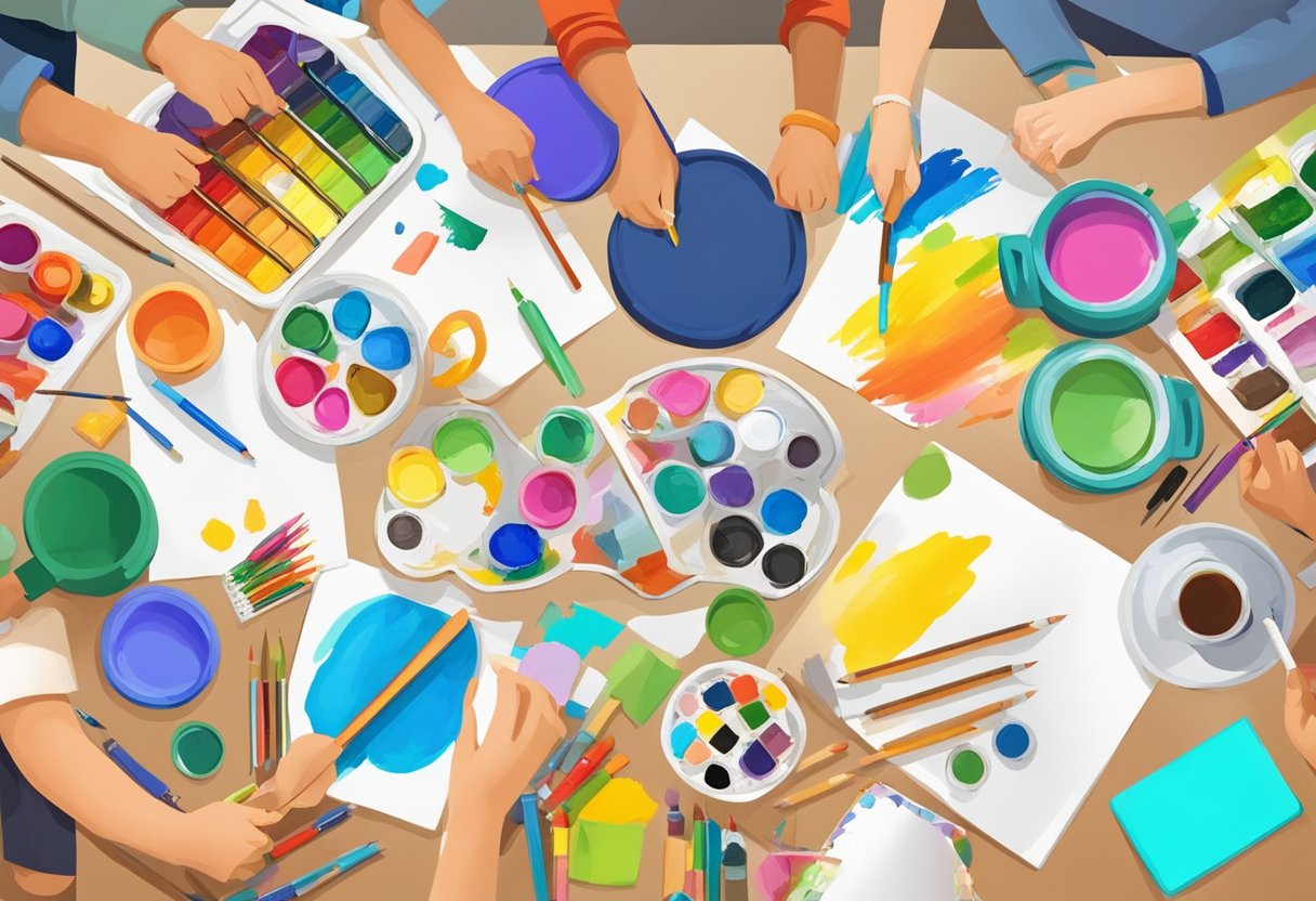 A colorful array of art supplies scattered on a table, surrounded by eager young learners with smiles on their faces, each focused on their own doodling and painting creations